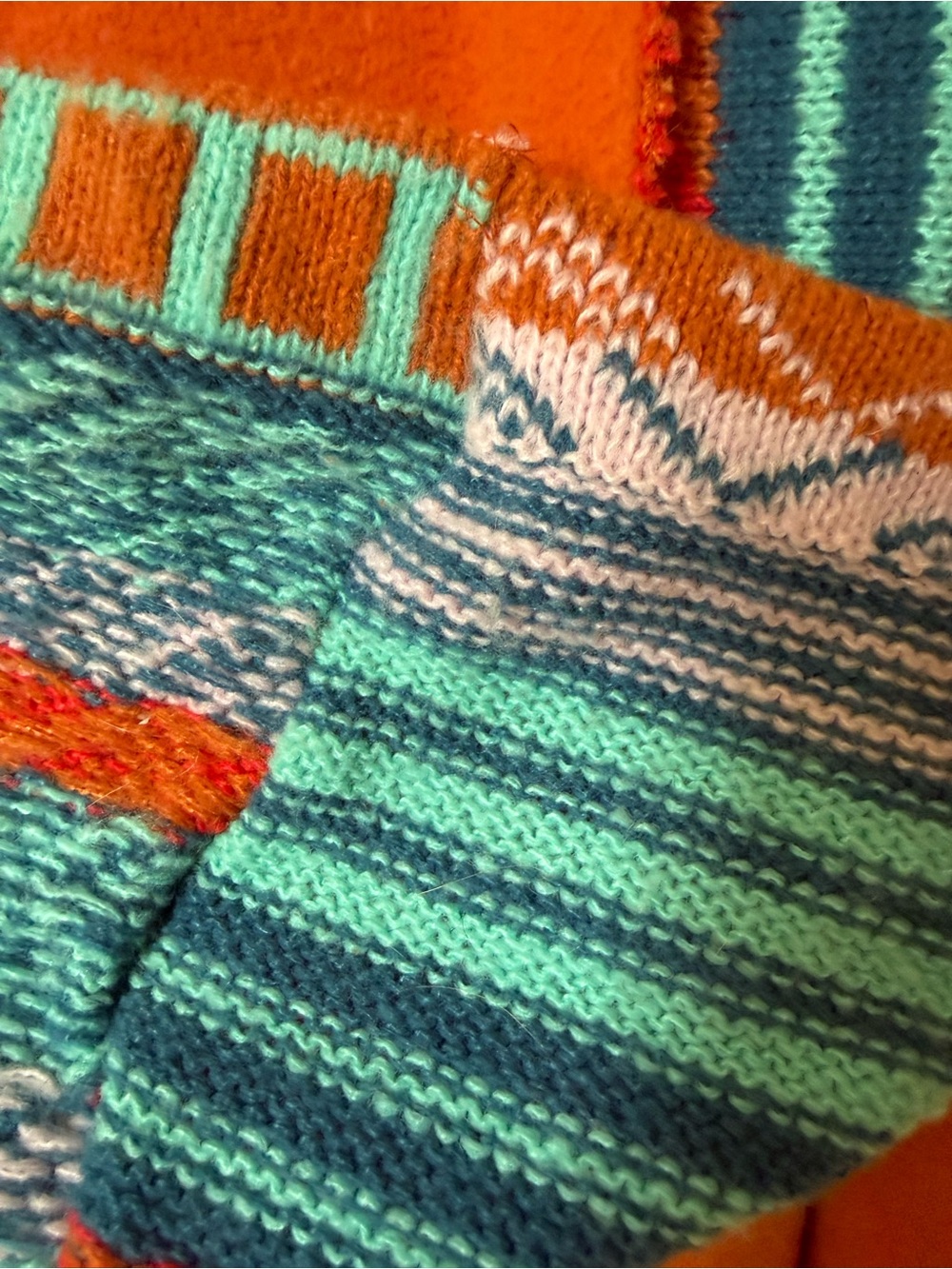 easel Orange Hoodie with Teal & Pink Striped Knit Trim - Picture 8 of 8